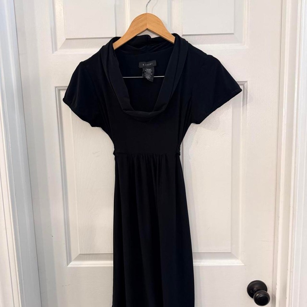 Black polyester & spandex mini dress with cowl neck and tie waist, size 10